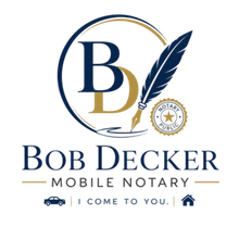 Bob Decker Mobile Notary logo with navy and gold initials, feather pen, and “I come to you” tagline