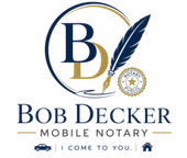 Bob Decker Mobile Notary logo with navy and gold initials, pen graphic, and “I come to you” tagline