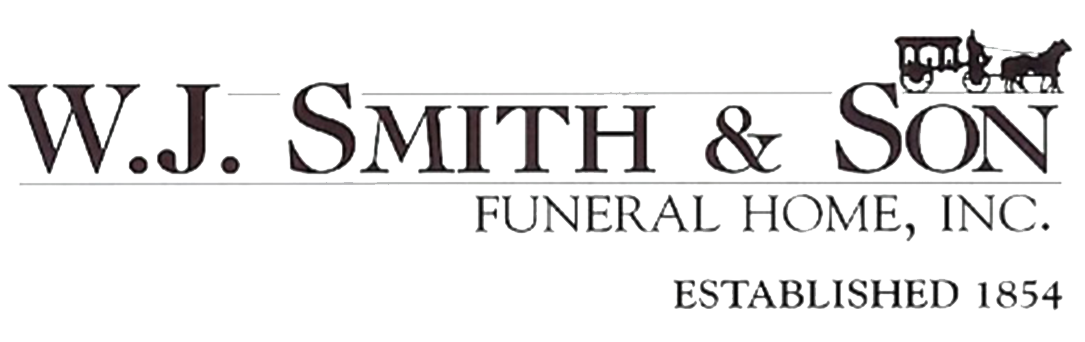 W.J. Smith & Son Funeral Home, Inc. logo with a horse-drawn hearse, established 1854