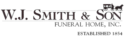 W.J. Smith & Son Funeral Home, Inc. logo with a horse-drawn hearse, established 1854