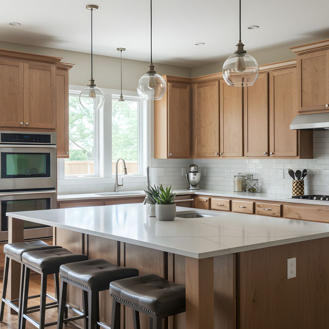 Kitchen with light wood cabinets, white countertops, island with stools, and pendant lights. Kitchen with light wood cabinets, white countertops, island with stools, and pendant lights.