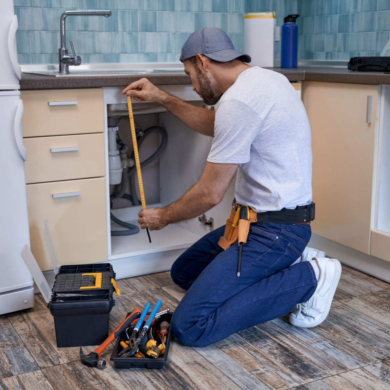 Plumber measuring under a kitchen sink. He kneels on the floor, tool belt around his waist.
