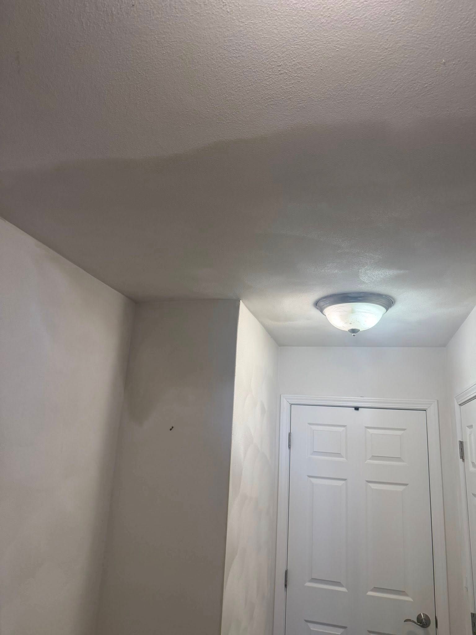 An interior hallway view featuring white walls, a textured ceiling, and a flush-mount light fixture above a closed door.