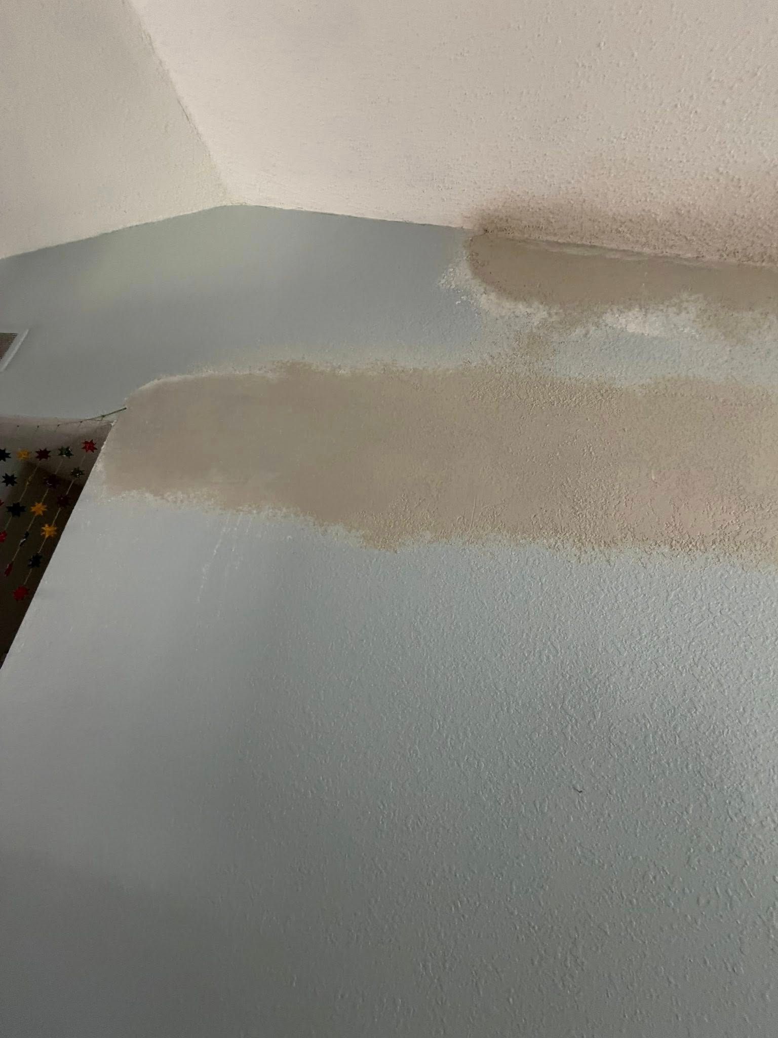 A patch of wet, grey concrete applied to a textured light-colored wall surface.