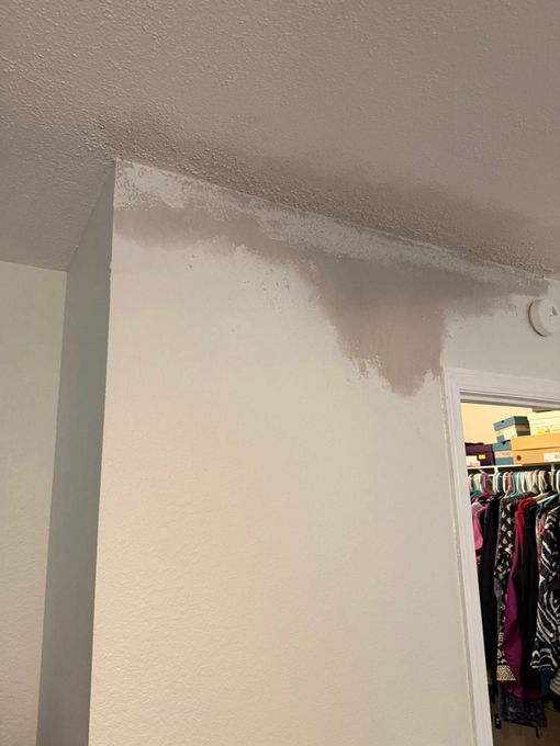 A large, damp, brown water stain on a white ceiling corner and top of a wall, suggesting a leak.