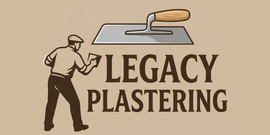 Logo for Legacy Plastering: An illustration of a worker holding a trowel next to the brand name in brown text.