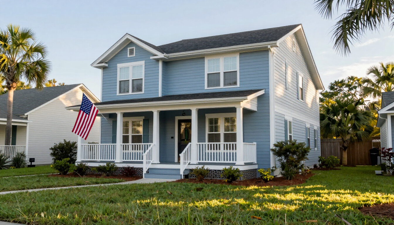 A well-kept American house exterior with an American flag