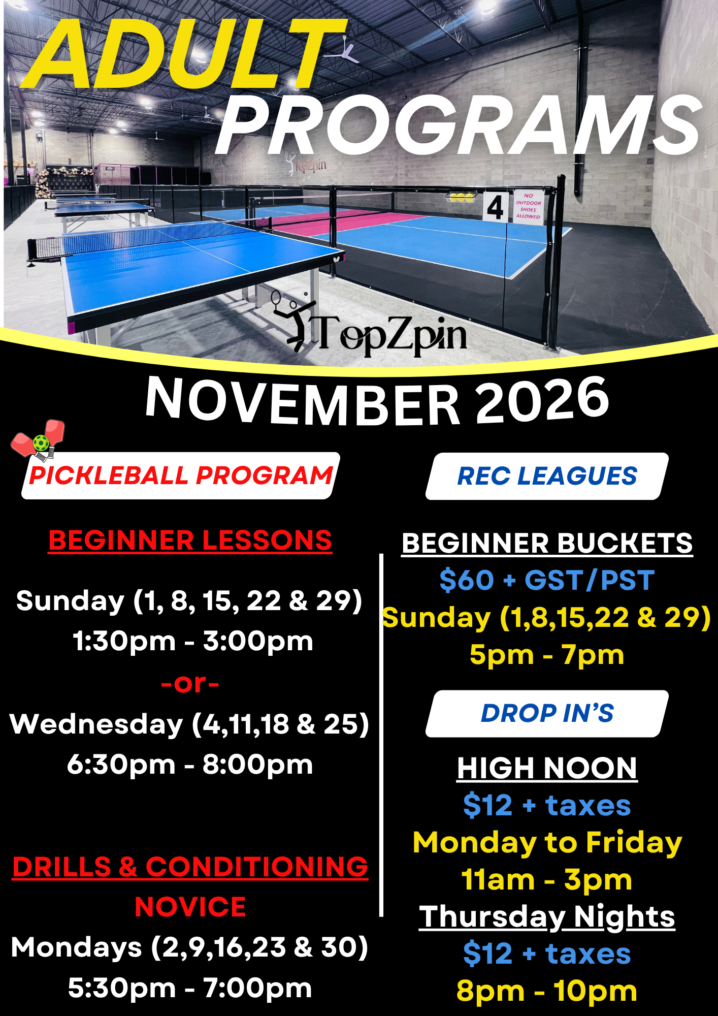 Flyer for adult pickleball programs in January 2026. Includes Beginner, Novice, and Intermediate classes with pricing.