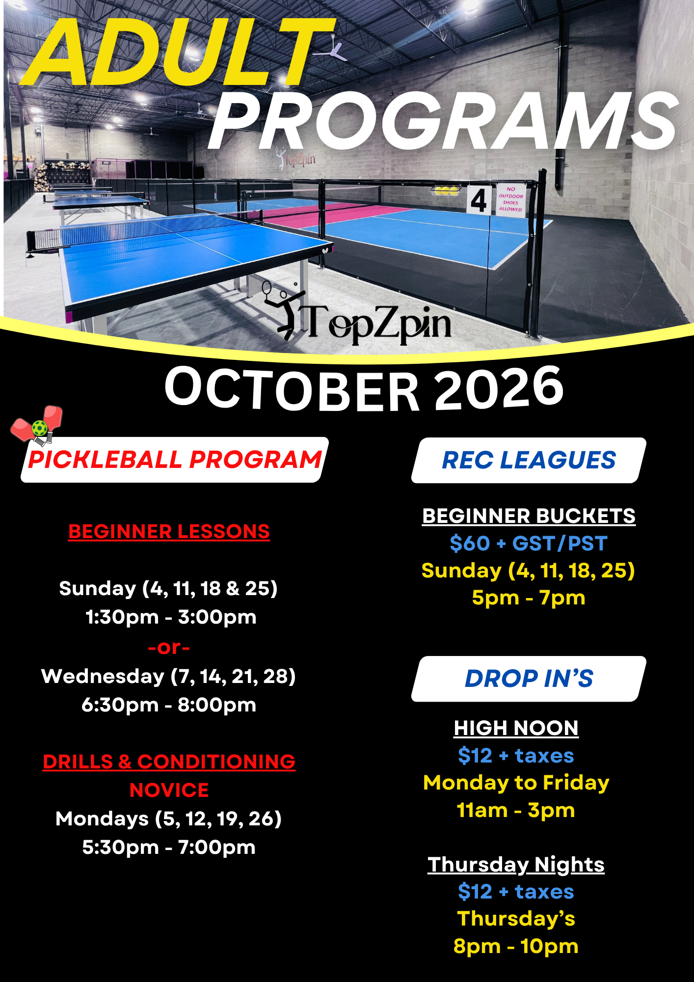 Flyer for adult pickleball programs in January 2026. Includes Beginner, Novice, and Intermediate classes with pricing.