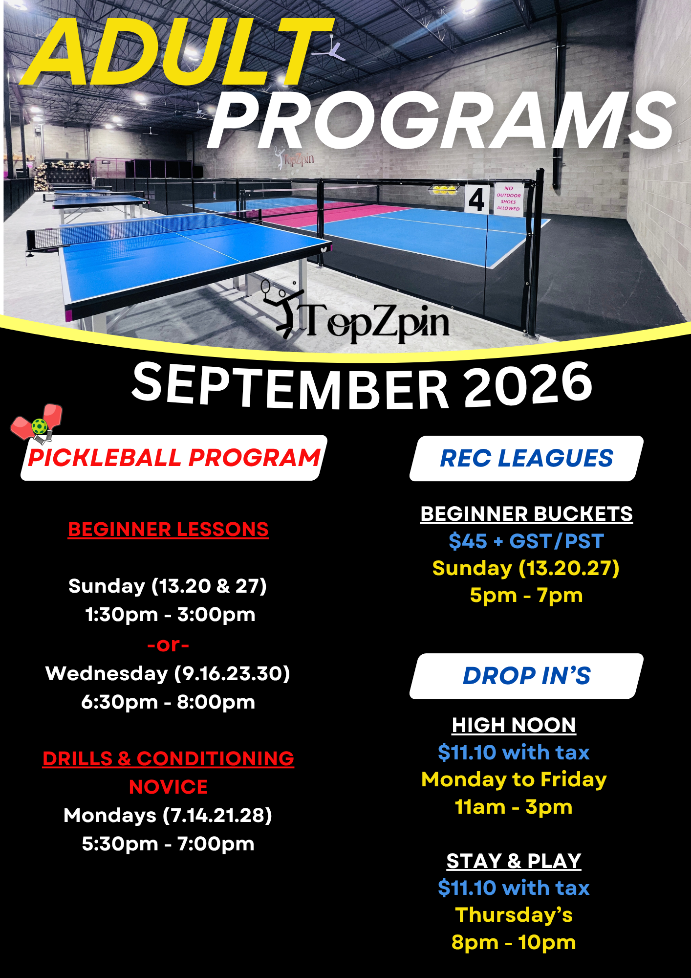 Flyer for adult pickleball programs in January 2026. Includes Beginner, Novice, and Intermediate classes with pricing.
