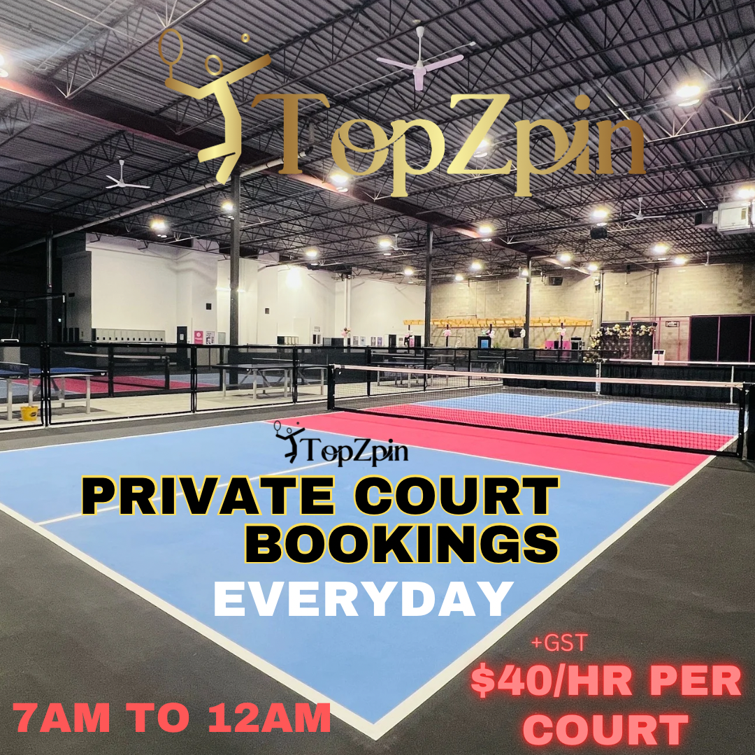 Announcement for Topzpin: Closed Dec 24 - Jan 2, 2026. Reserve court time online for access. No drop-in 8-10 PM. Pro-shop closed.