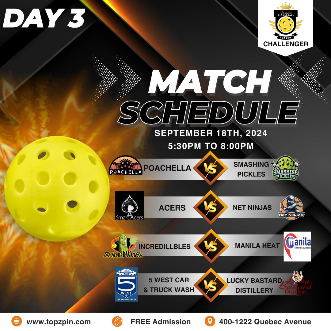 Pickleball tournament match schedule for September 18th, 2024. Teams competing include Poachella, Pickles, and others.