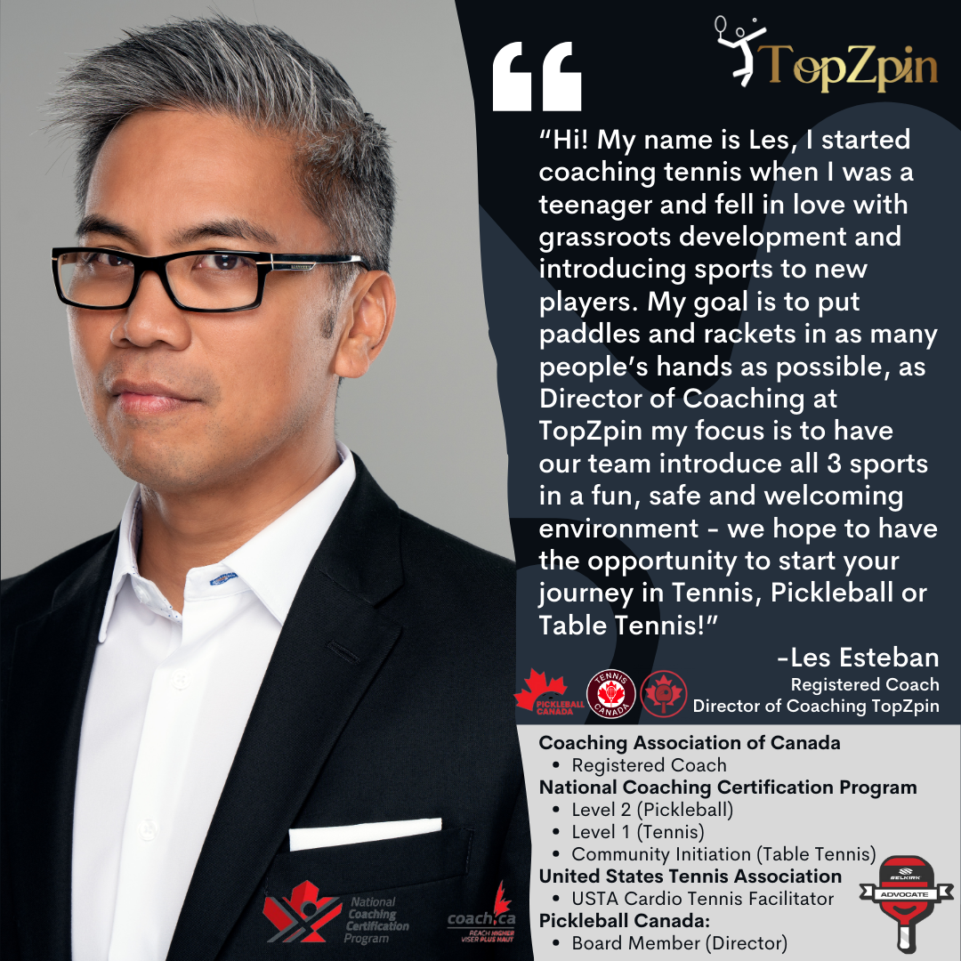 Les Estaban, Director of Coaching at TopZpin, smiling, quote about introducing sports, with logos.