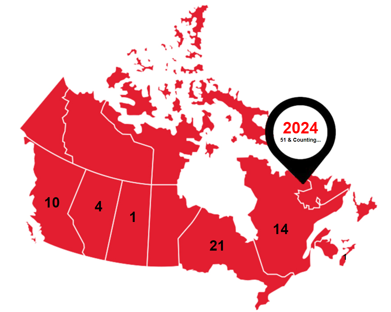 Map of Canada, red, with numbers representing a quantity in each province. A black pin points to 2024.