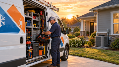 Technician loading tools from a service van at a suburban home at sunset