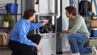 Two technicians inspecting an open furnace in a utility room, one pointing at the wiring.