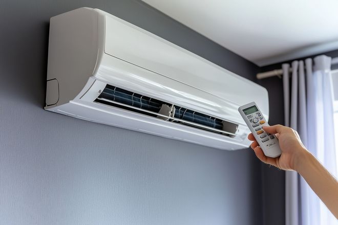 Hand holding a remote aimed at a wall-mounted air conditioner in a room