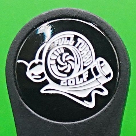 Black golf club headcover with a white snail-turbo graphic and the words
