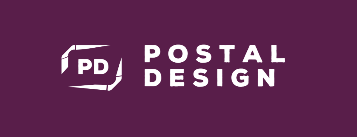 Logo for Postal Design with initials "PD" in a white geometric shape, "POSTAL DESIGN" text, purple background.