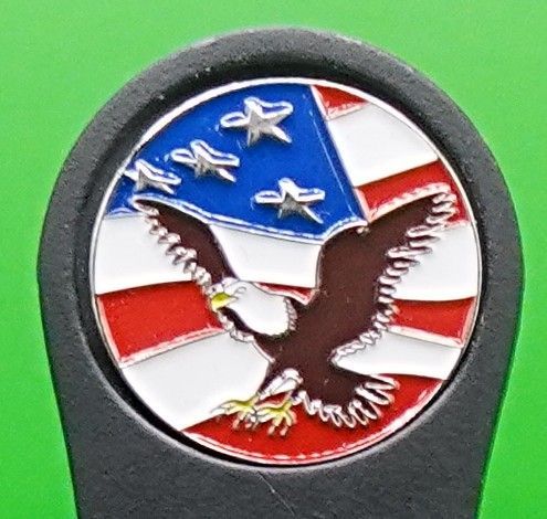 American flag emblem with eagle, blue stars, red and white stripes.