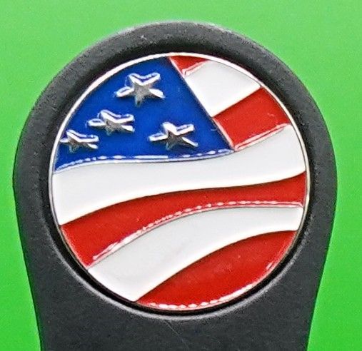 American flag emblem, red, white, and blue, in a circular black holder.
