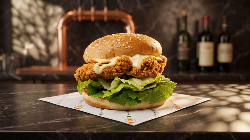 Close-up of a stacked fried chicken sandwich on a white napkin, with a blurred café counter in the background