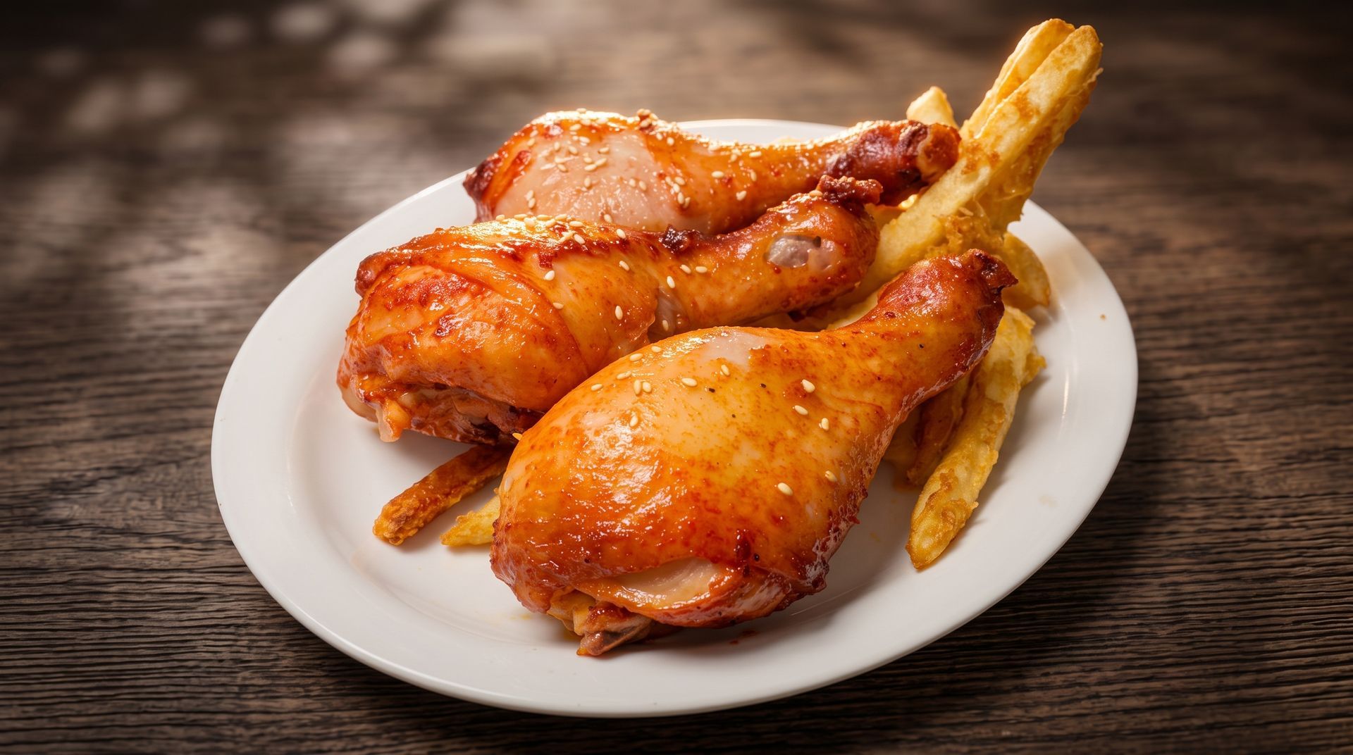 Two roasted chicken drumsticks with fries on a white plate