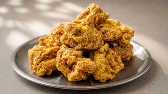 Plate of crispy fried chicken pieces on a gray dish