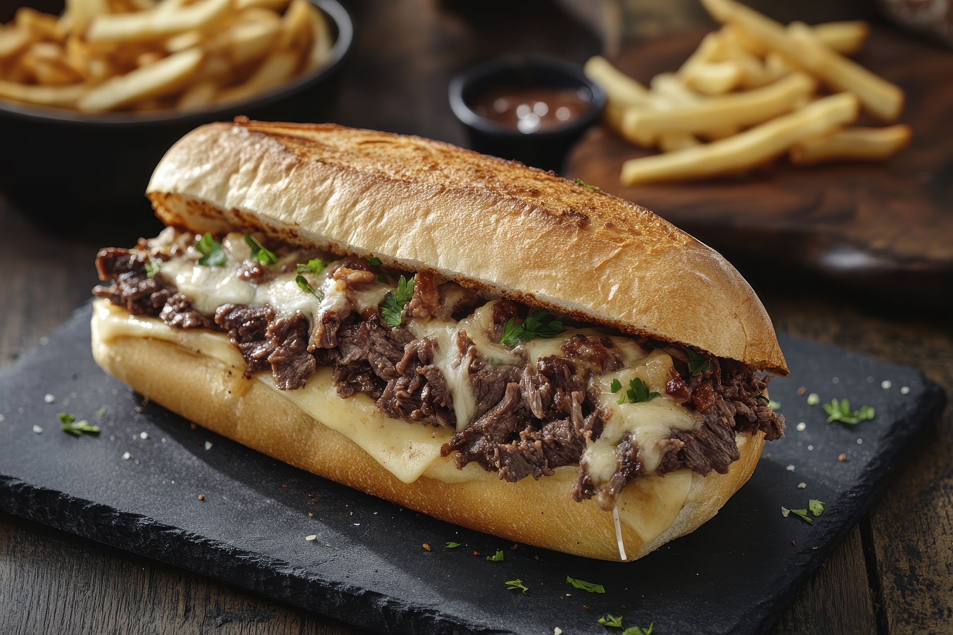 Cheesesteak sandwich on a slate plate with fries and dipping sauce in the background