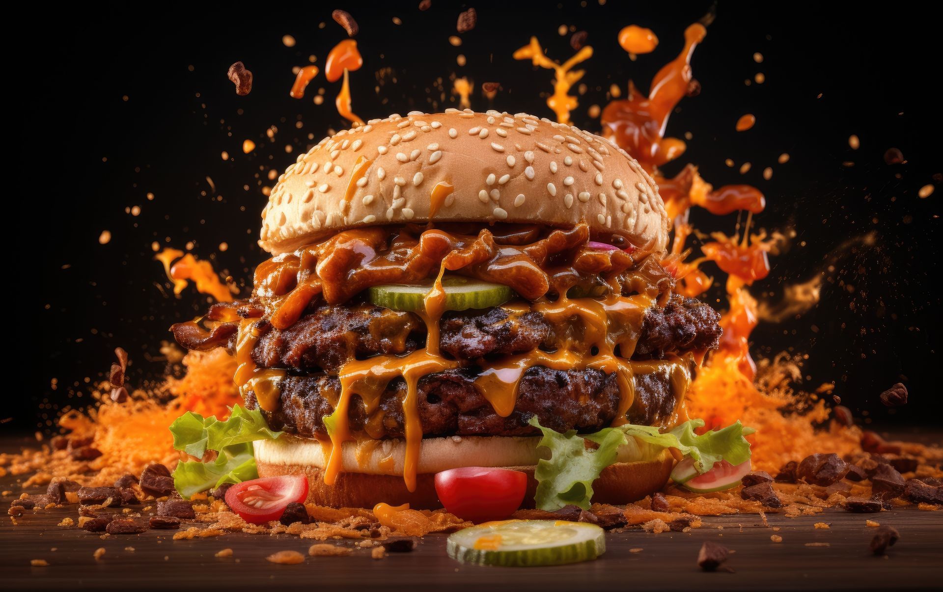 Juicy cheeseburger with melted cheese and sauce, splashing in a fiery orange burst on a dark background