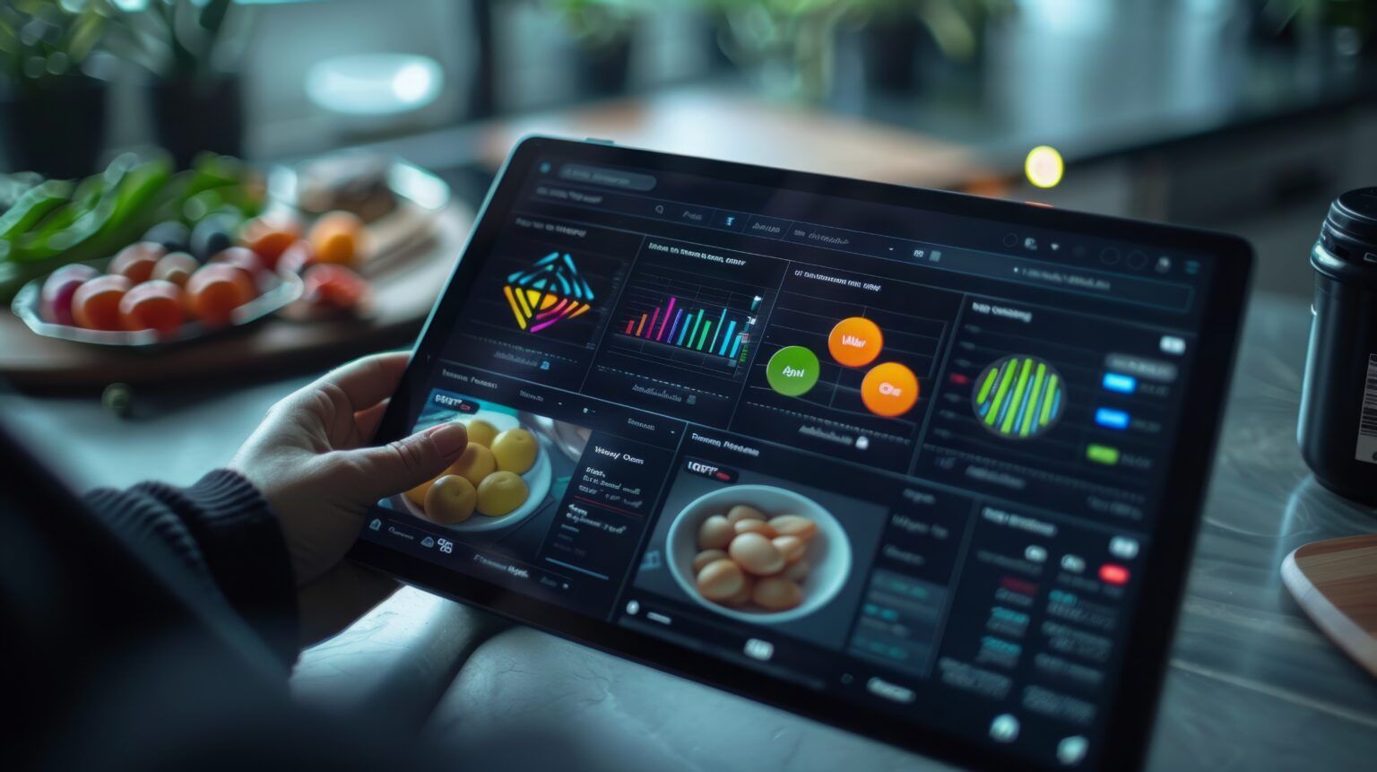 Person using a tablet with a nutrition dashboard and food analytics on a table.