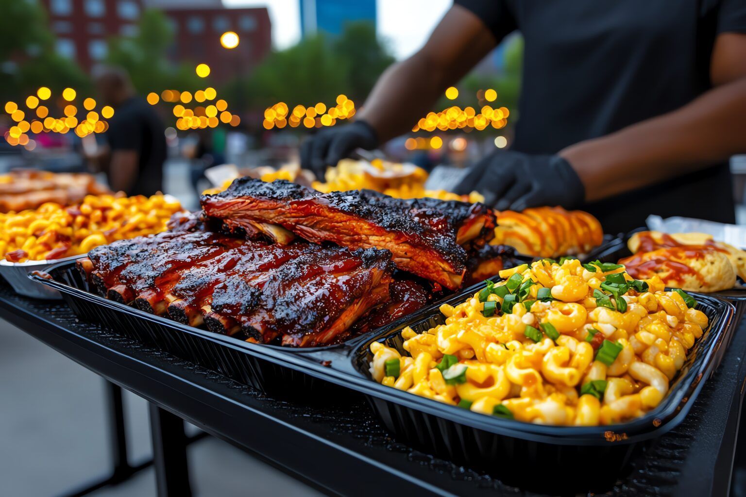 Tray of barbecue ribs, grilled chicken, and corn at an outdoor buffet with blurred lights in the background