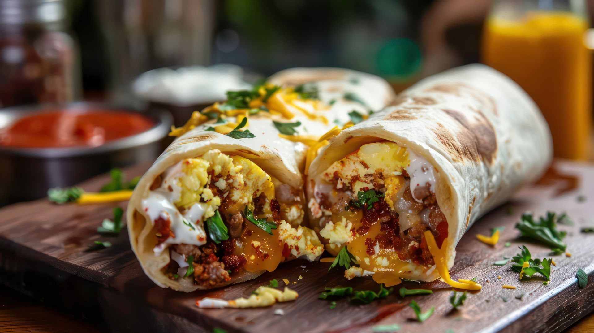 Loaded burrito halves on a wooden board, topped with melted cheese and herbs, with salsa and sauce in back
