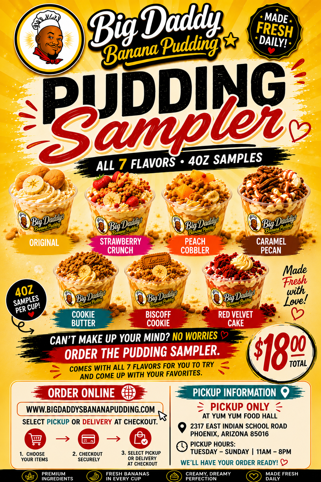 Big Daddy’s Pudding Sampler flyer with 7 pudding flavors and $18.99 pickup order price