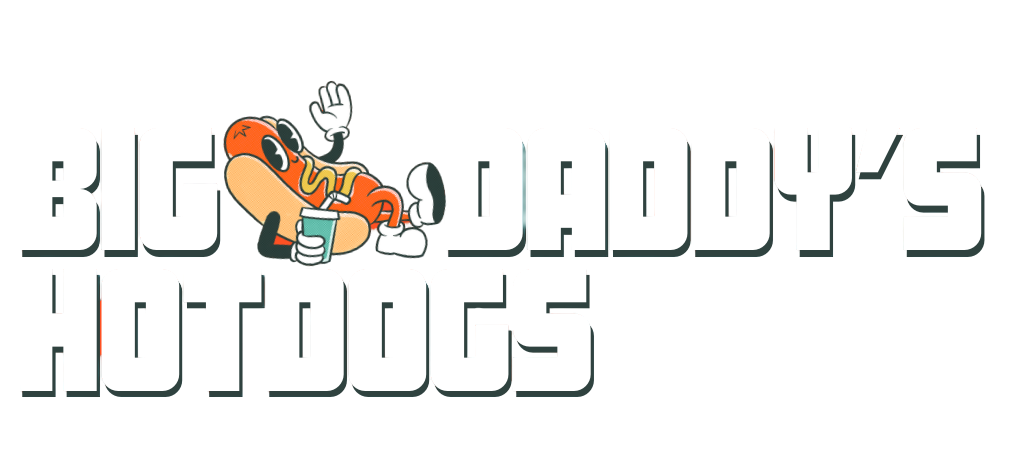 Big Daddy’s Hot Dogs logo with a cartoon hot dog vendor and bold white text