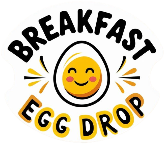 Breakfast Egg Drop logo with a smiling egg, black text, and yellow accent rays