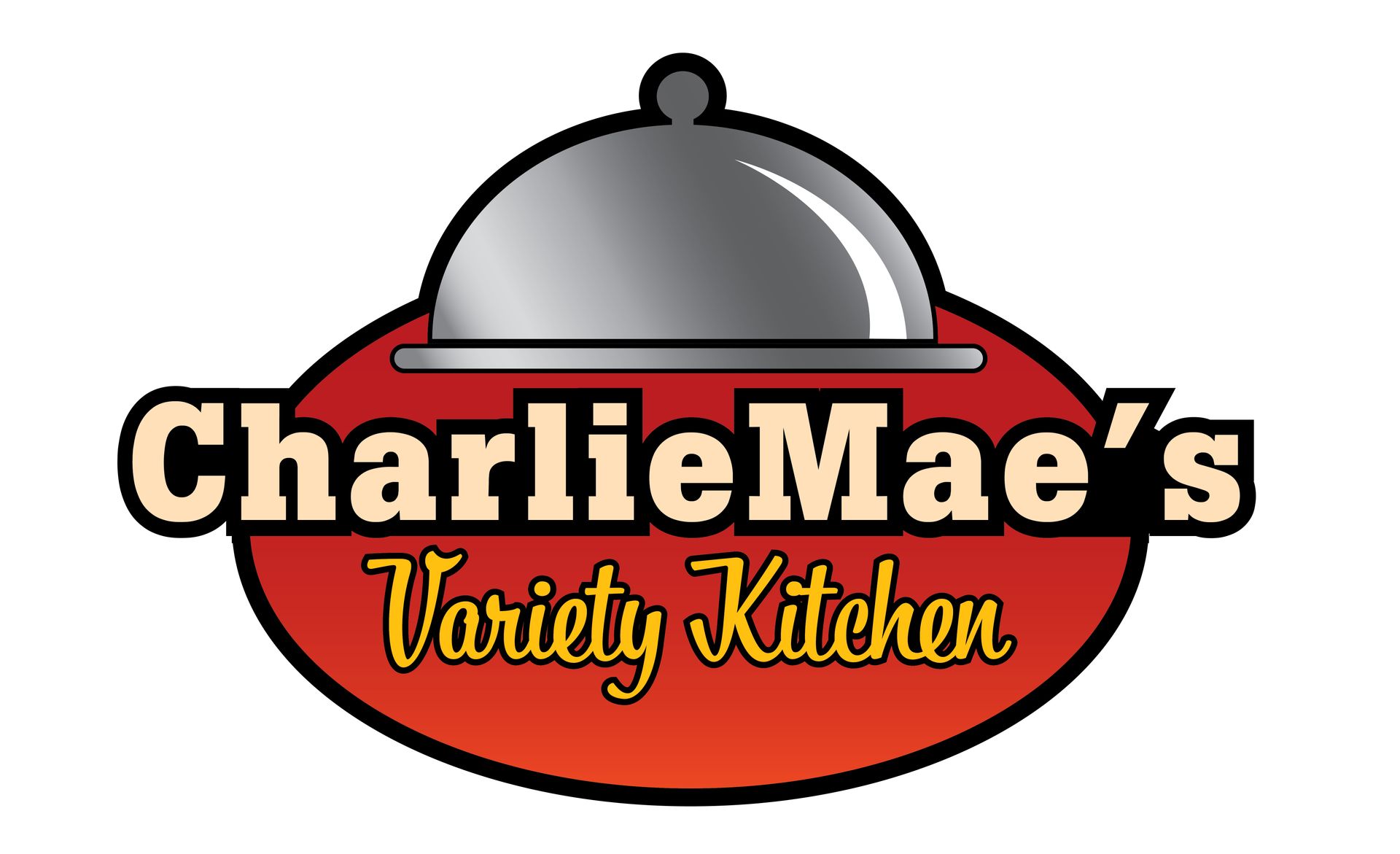 CharlieMae’s Variety Kitchen logo with silver cloche and red-orange oval background