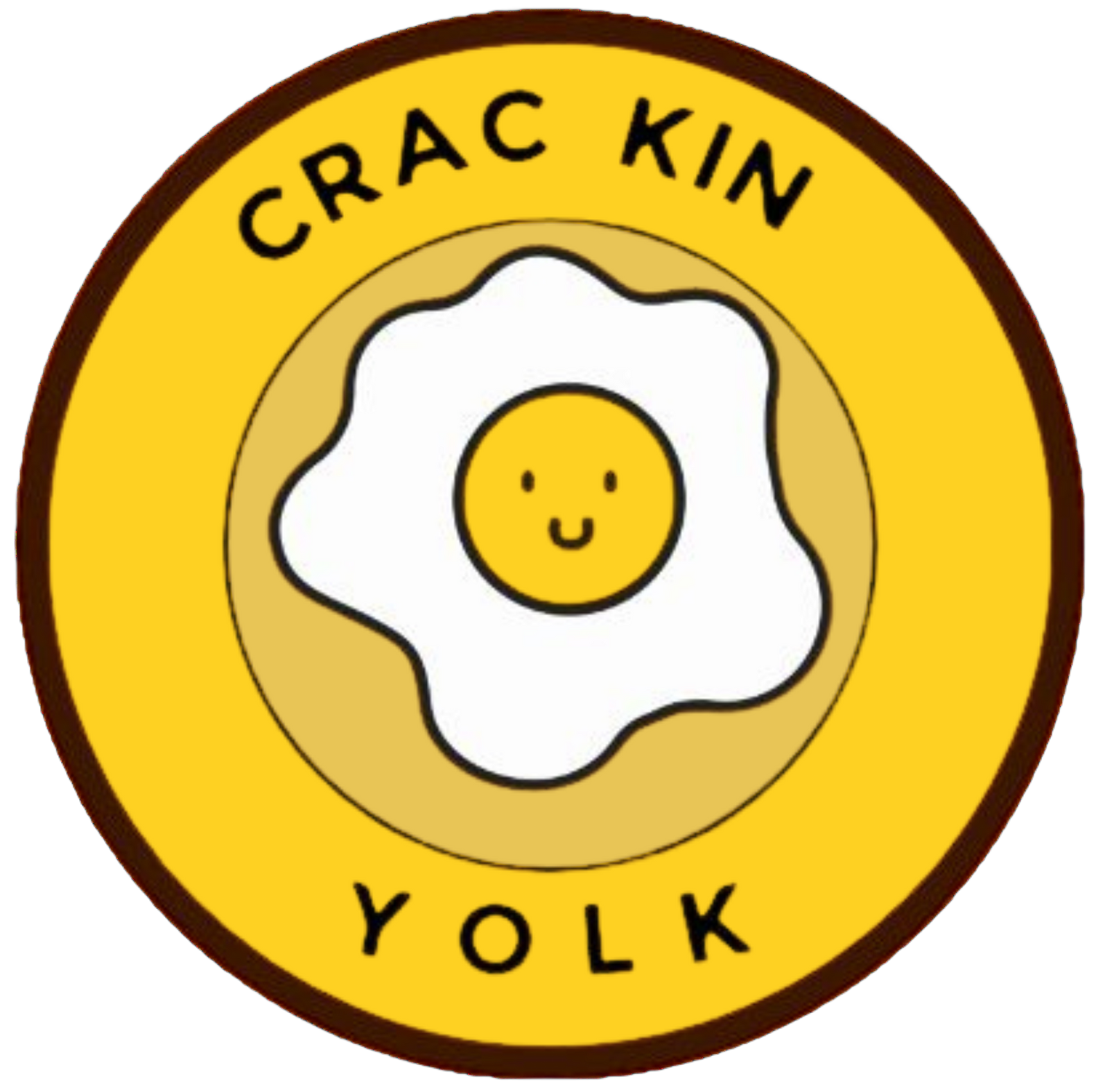 Circular logo of a fried egg labeled “CRAC KIN YOLK” on a yellow background