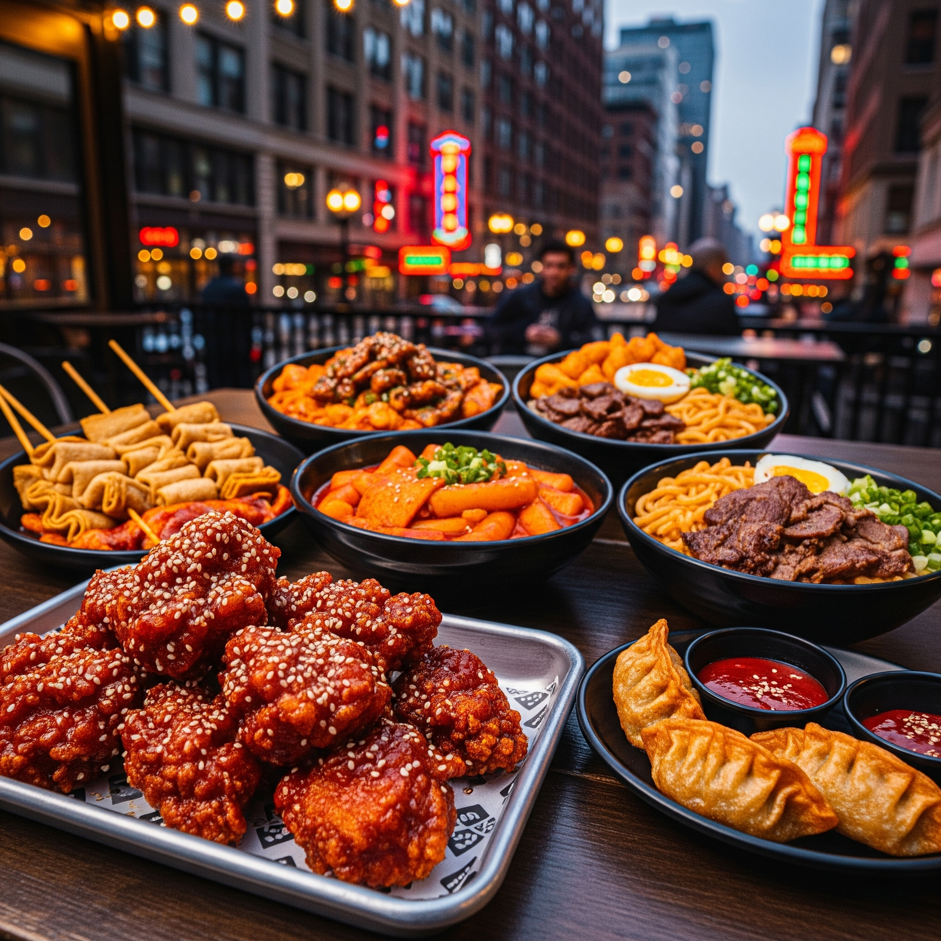 Assorted Asian street food dishes on a table in a neon-lit city street at night