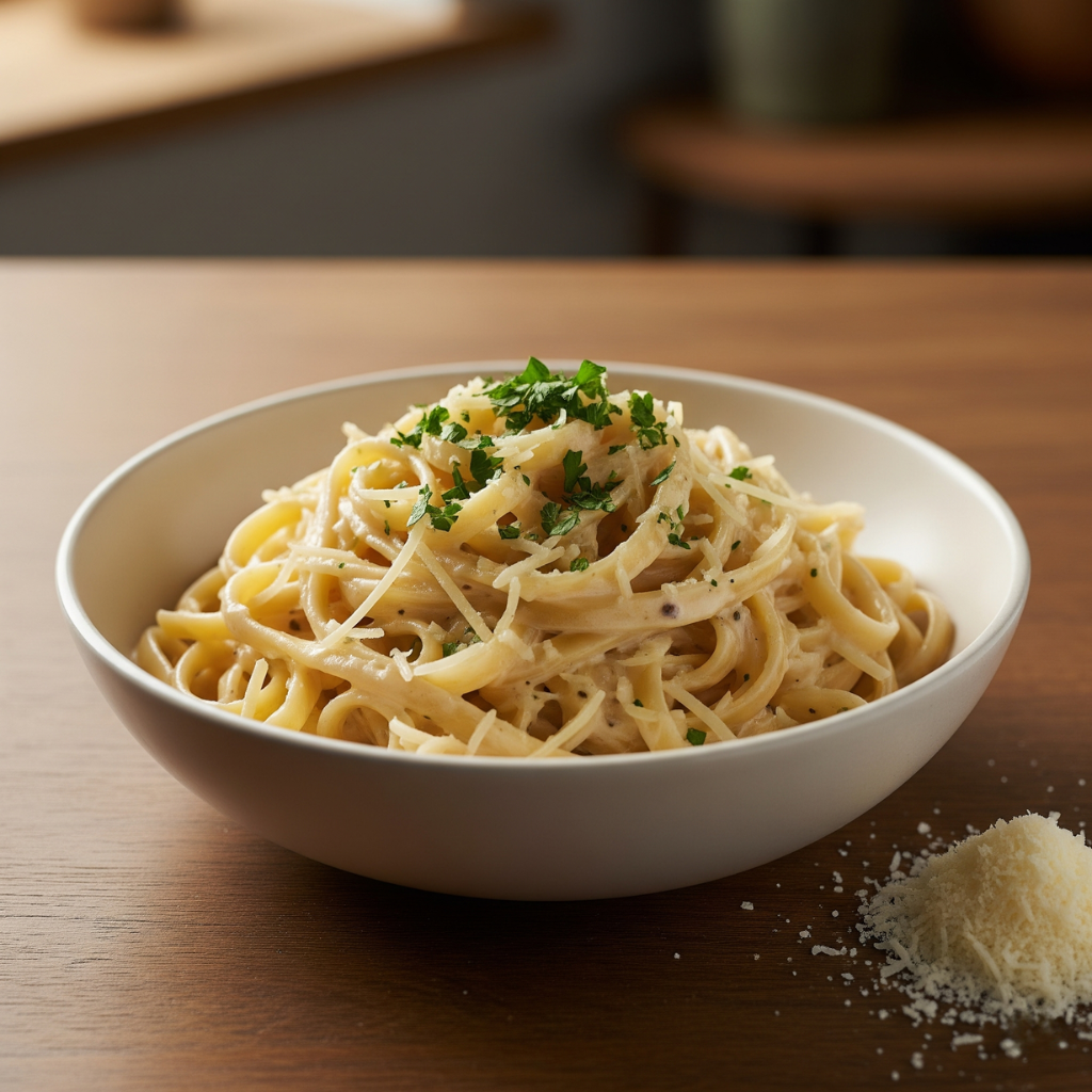 Bowl of spaghetti with grated cheese and herbs on a wooden table, with extra cheese nearby