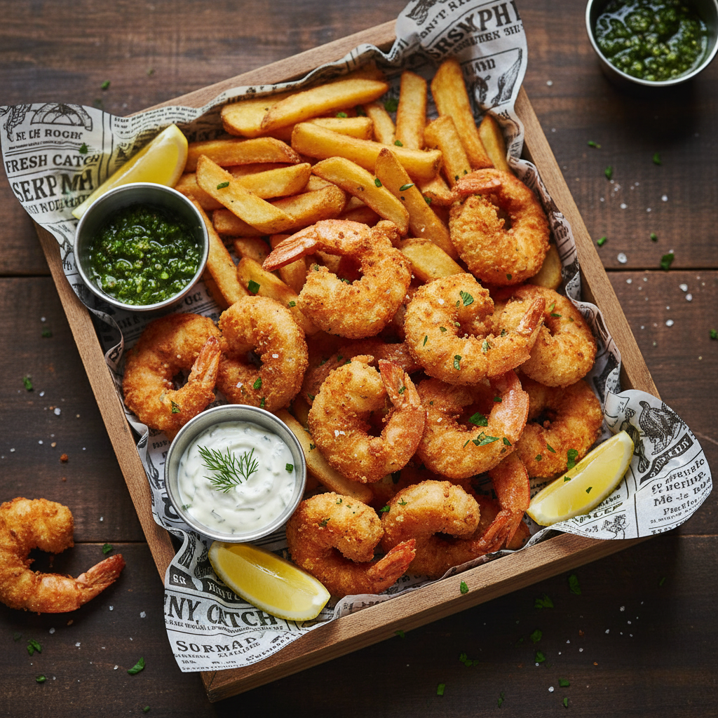 Crispy fried shrimp with French fries and dipping sauces on a rustic tray, garnished with lemon wedges