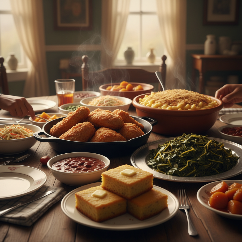 A table set with fried chicken, greens, beans, cornbread, and sides in a cozy dining room.