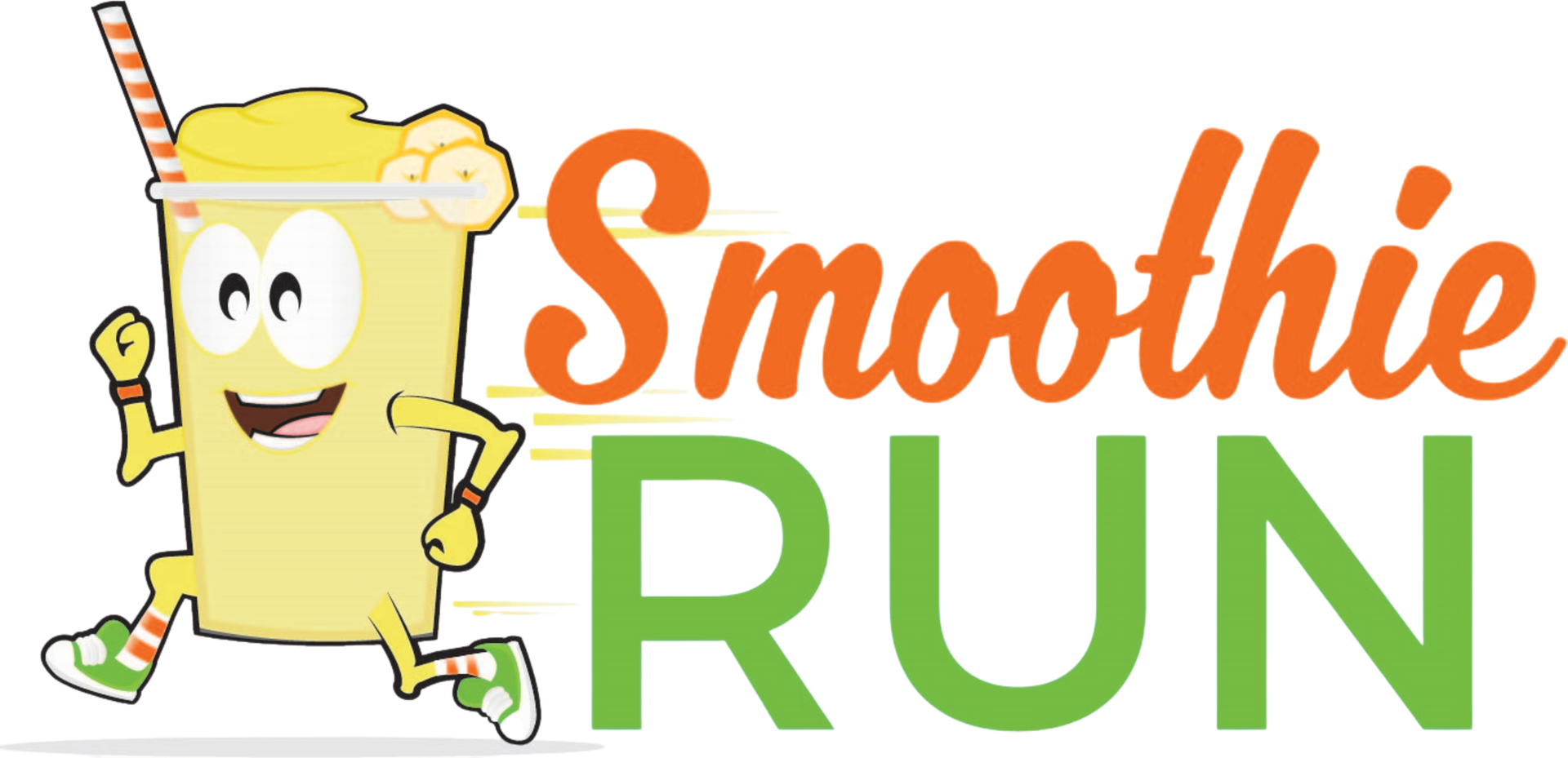 Smiling smoothie cup mascot next to orange “Smoothie” and green “RUN” logo
