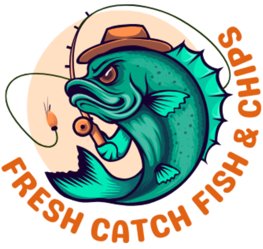 Logo of a teal fish in a hat, with orange text reading “Fresh Catch Fish & Chips”