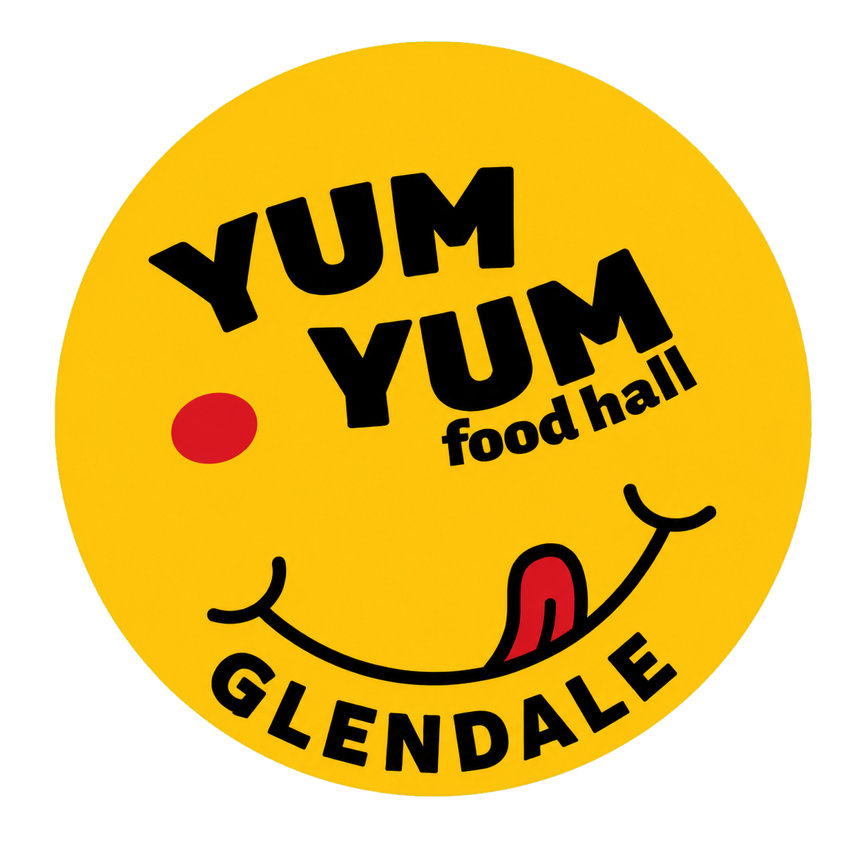 Yellow circular Yum Yum Food Hall Glendale logo with a smiling face and tongue out