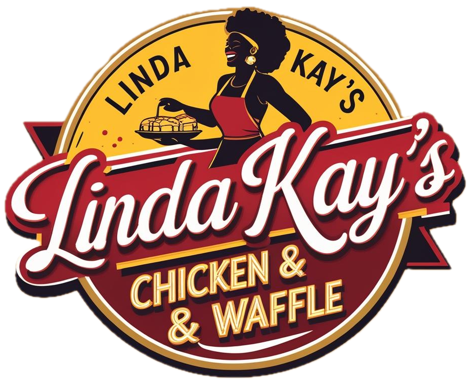 Linda Kay’s Chicken & Waffle logo with a woman carrying food on a yellow and maroon badge