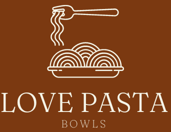 Logo for Love Pasta Bowls with brown background, white fork, steaming pasta bowl, and text.