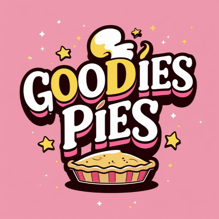 Goodies Pies logo in pink and black with a cartoon pie and sparkles