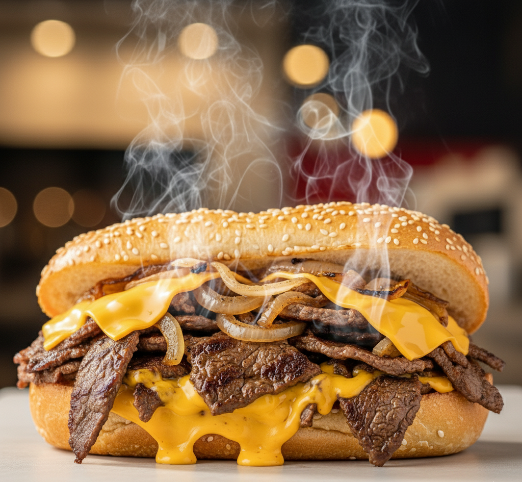 Steaming cheeseburger with melted cheddar and crispy onions on a sesame bun, close-up on a table