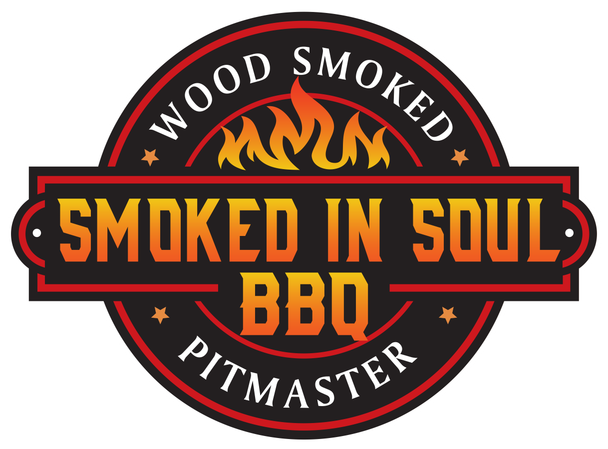 Circular black and red BBQ logo reading “Smoked in Soul BBQ” with flames and “Wood Smoked Pitmaster”